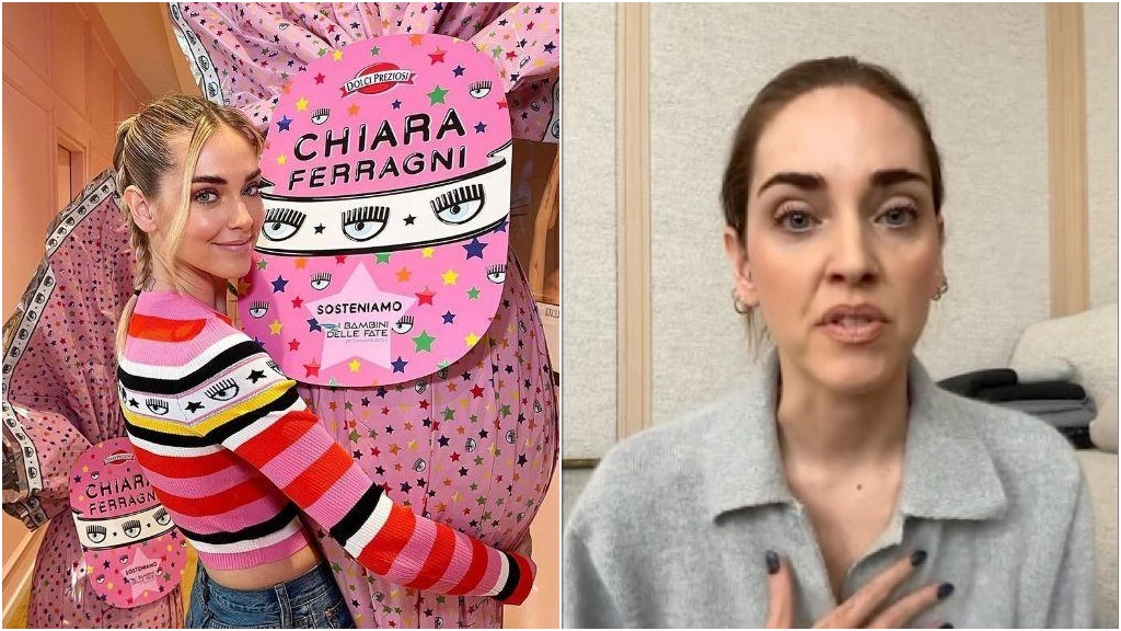 Chiara Ferragni con l'Uovo di Pasqua Dolci Preziosi e (a destra) nel video di scuse sul caso Pandoro Balocco