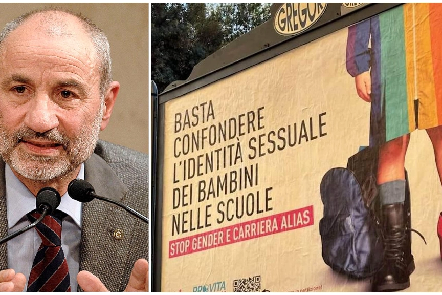 Massimo Gandolfini; a destra, un dettaglio dei manifesti comparsi a Brescia
