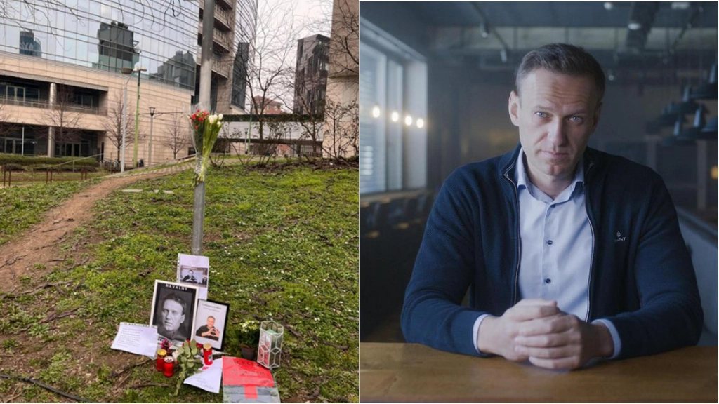 A sinistra le immagini e i fiori in ricordo di Navalny e a destra il dissidente politico russo