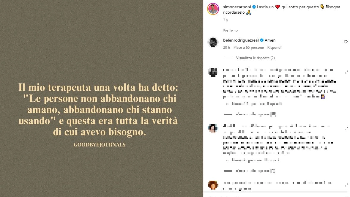 Il post Instagram di Simone Carponi con il commento di Belen Rodriguez