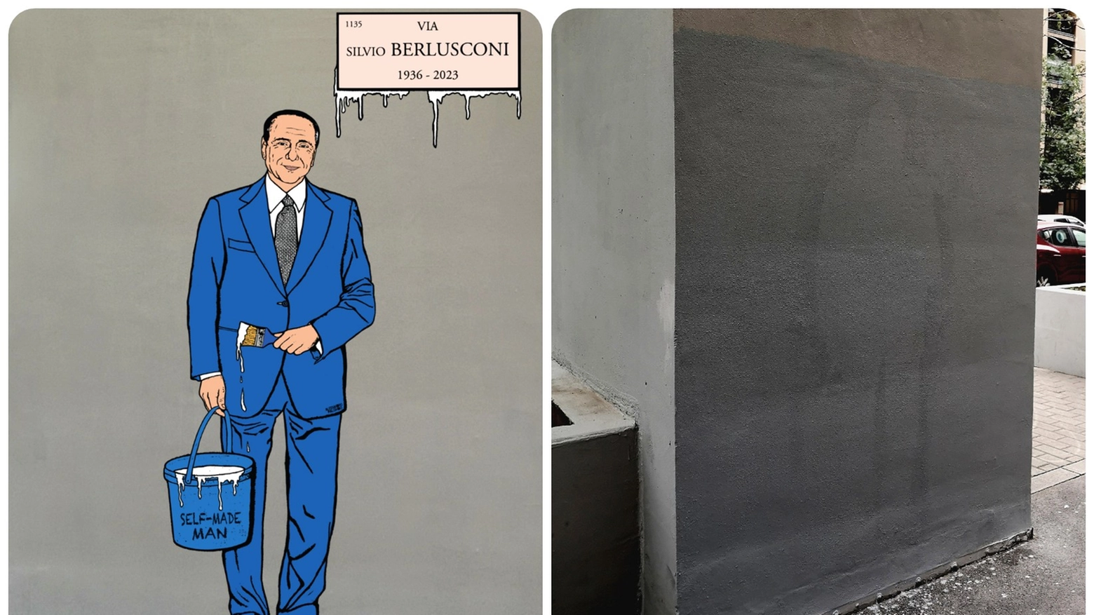 Il murale dedicato a Berlusconi e la vernice grigia che lo ha coperto