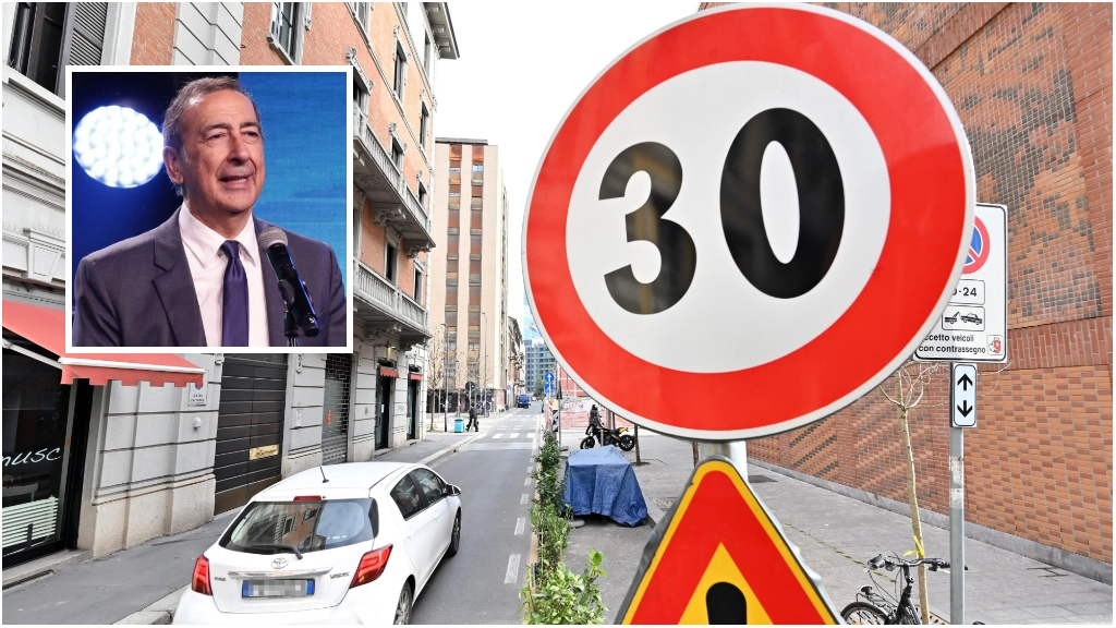 Una zona 30 a Milano e nel riquadro il sindaco Giuseppe Sala