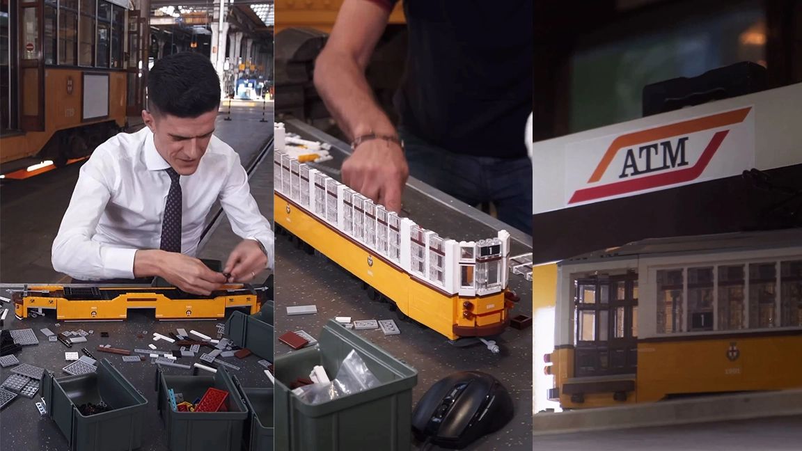 L'artista Luca Petraglia durante la costruzione del tram Atm in Lego