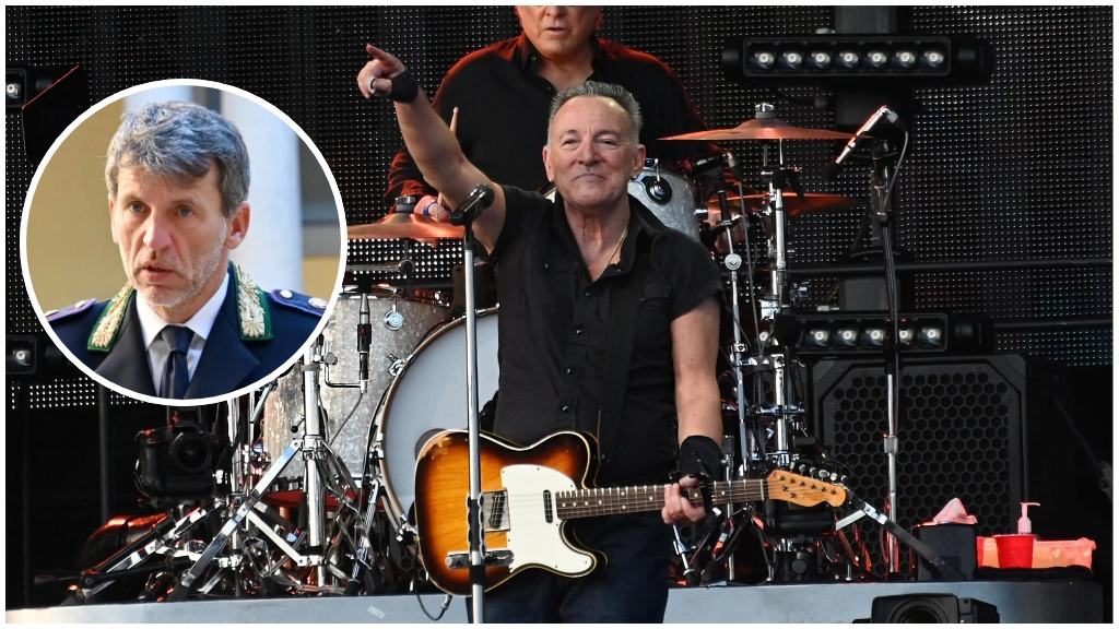 Bruce Springsteen a Monza; nel tondo, il comandante dei ghisa di Milano Marco Ciacci