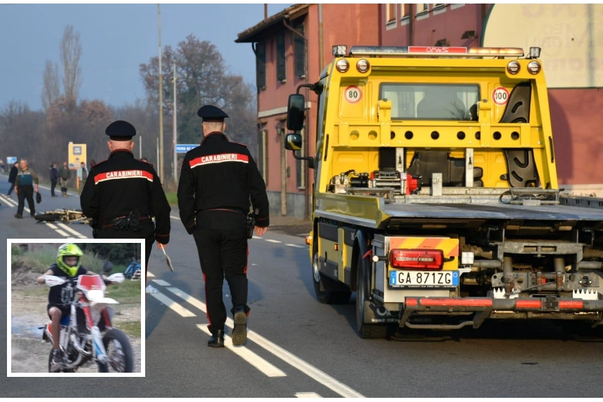 L'incidente a Redavalle; nel riquadro, Enea Vidali sulla sua moto (Torres)