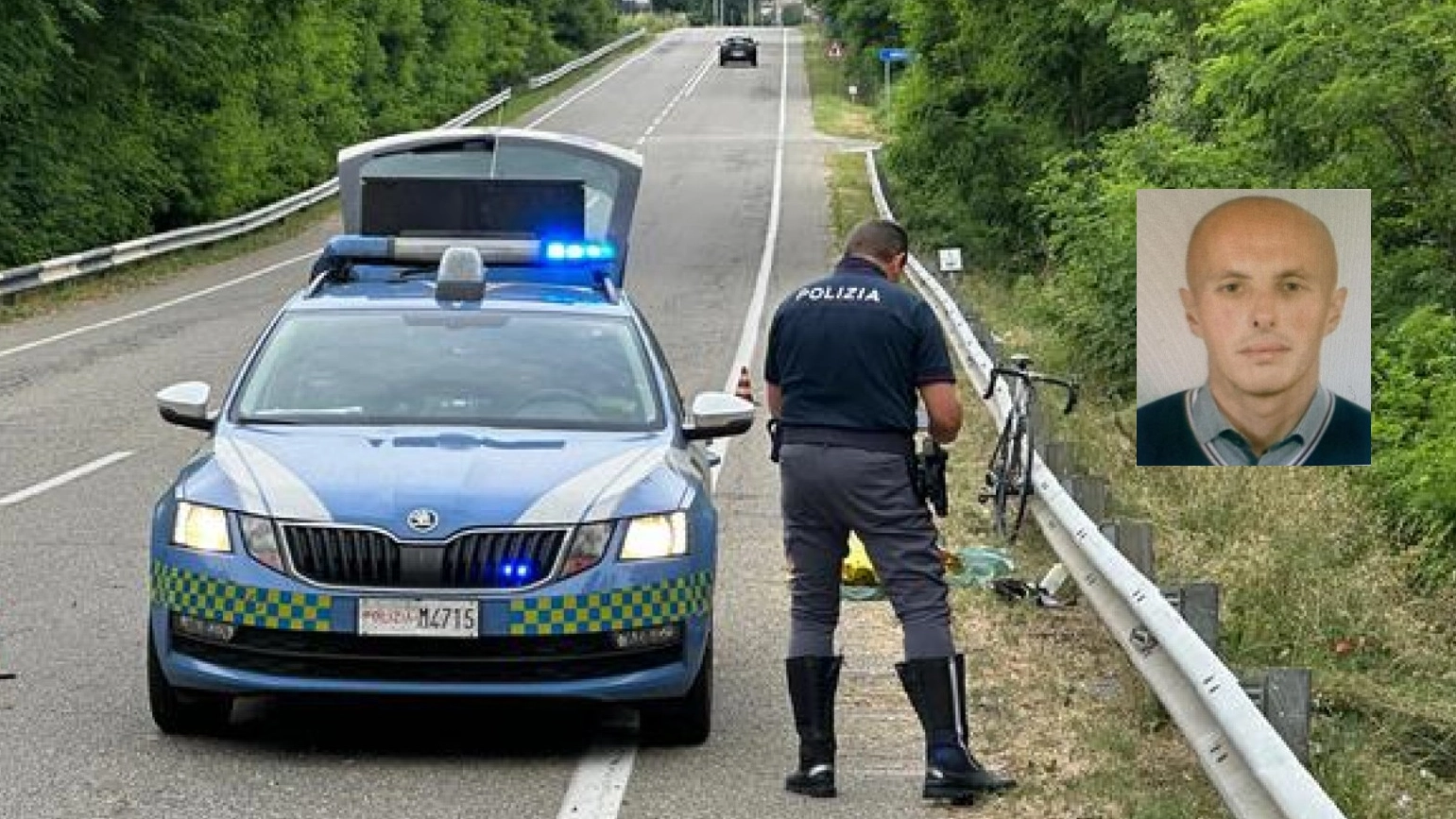 Rilievi su un incidente; nel riquadro, Claudio Finardi