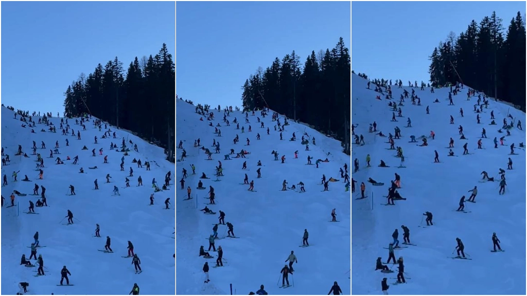 La folla sulla pista da sci di Ischgl, nella valle di Paznaun, in Austria nel video rilanciato da Stefano Boeri su Instagram