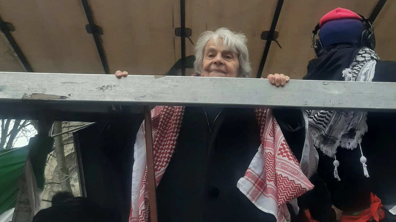 Franca Caffa sul camion che segue la manifestazione pro Palestina