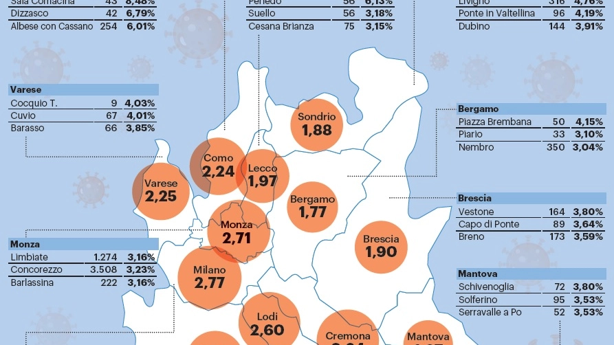 la mappa dei focolai in Lombardia