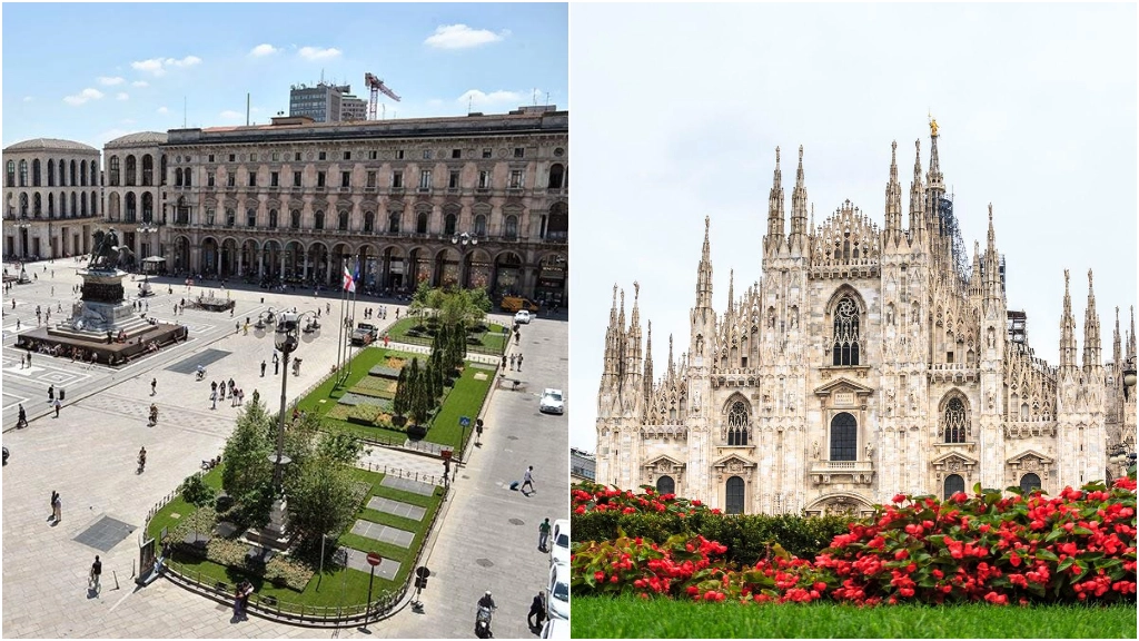 Due immagini di piazza Duomo prima dell'arrivo della palme e dei banani