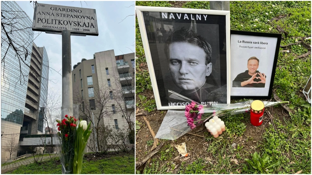 I fiori e le fotografie di Alexei Navalny deposte ai Giardini Anna Politkovskaya a Milano