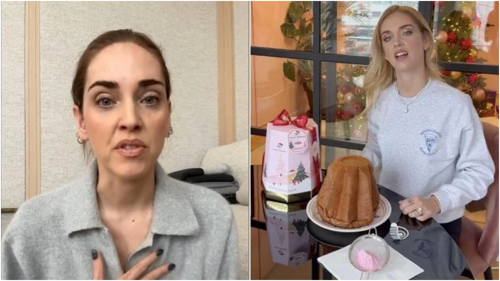 Chiara Ferragni: a sinistra, nel video di scuse per il caso Balocco; a destra, nel video tutorial su come decorare il pandoro Pink Christmas