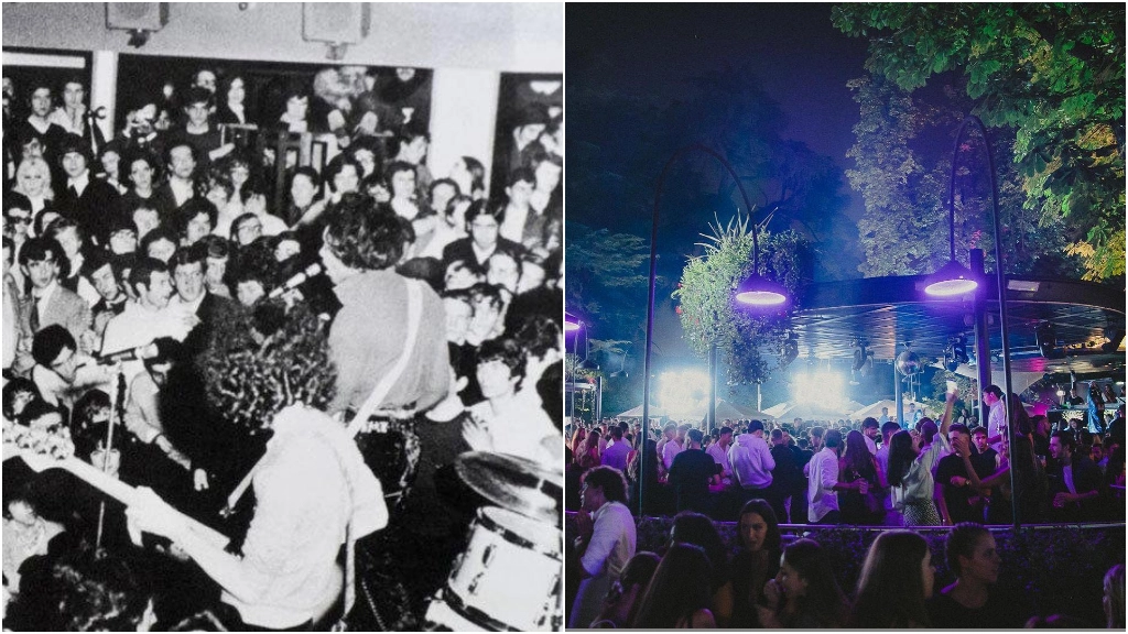 Jimi Hendrix sul palco della discoteca Trianon, oggi Old Fashion, nel 1968. A destra, una serata estiva nel giardino del locale