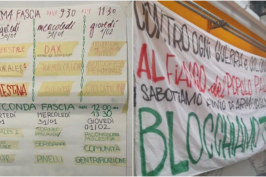 Il programma dell'occupazione e uno degli striscioni appesi all'interno dell'istituto