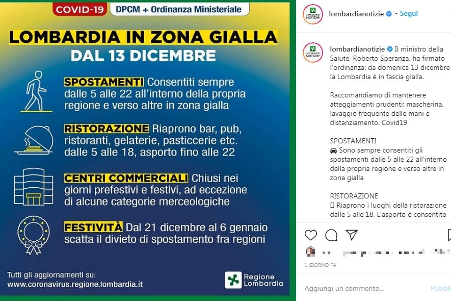 Lombardia in zona gialla