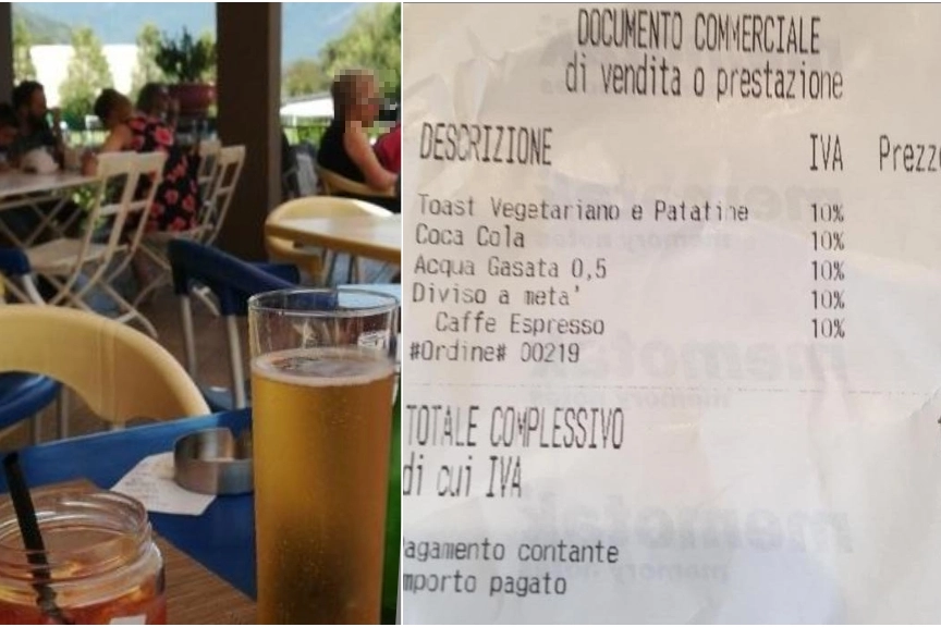 La foto del locale di Gera Lario pubblicata da un utente di TripAdvisor e lo scontrino con il sovrapprezzo per il toast diviso in due