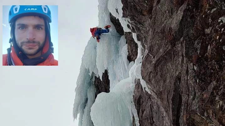 Matteo Gadaldi durante una scalata e nel riquadro