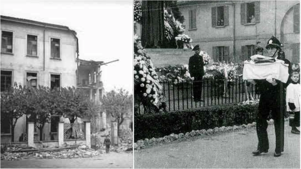La scuola Francesco Crispi sventrata dalla bomba e la traslazione dei resti delle vittime nell'ossario sotto al monumento per i Piccoli Martiri di Gorla nella metà degli anni 50 (foto: piccolimartiri.it)