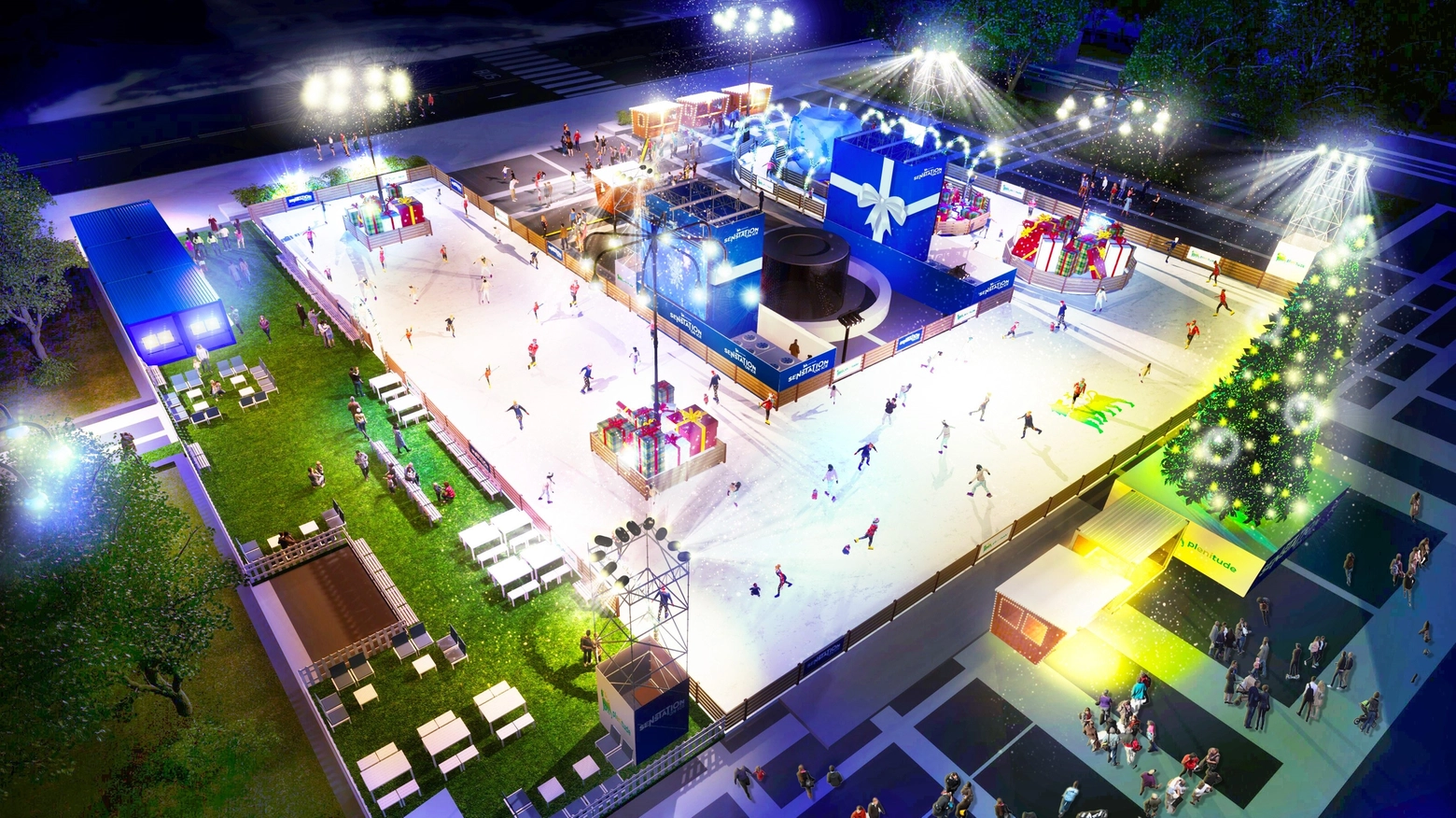 Il rendering di Sensation on Ice, la grande pista da pattinaggio sul ghiaccio in piazza Duca d'Aosta