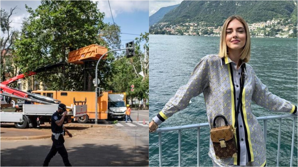 A sinistra, la rimozione degli alberi abbattuti. A destra, Chiara Ferragni