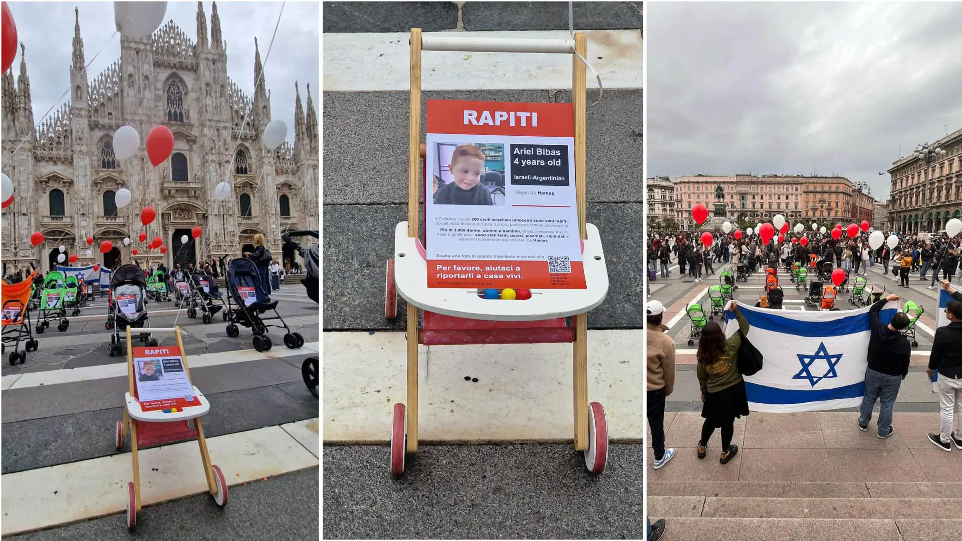 Milano, 37 passeggini in Duomo per i bimbi ostaggio di Hamas