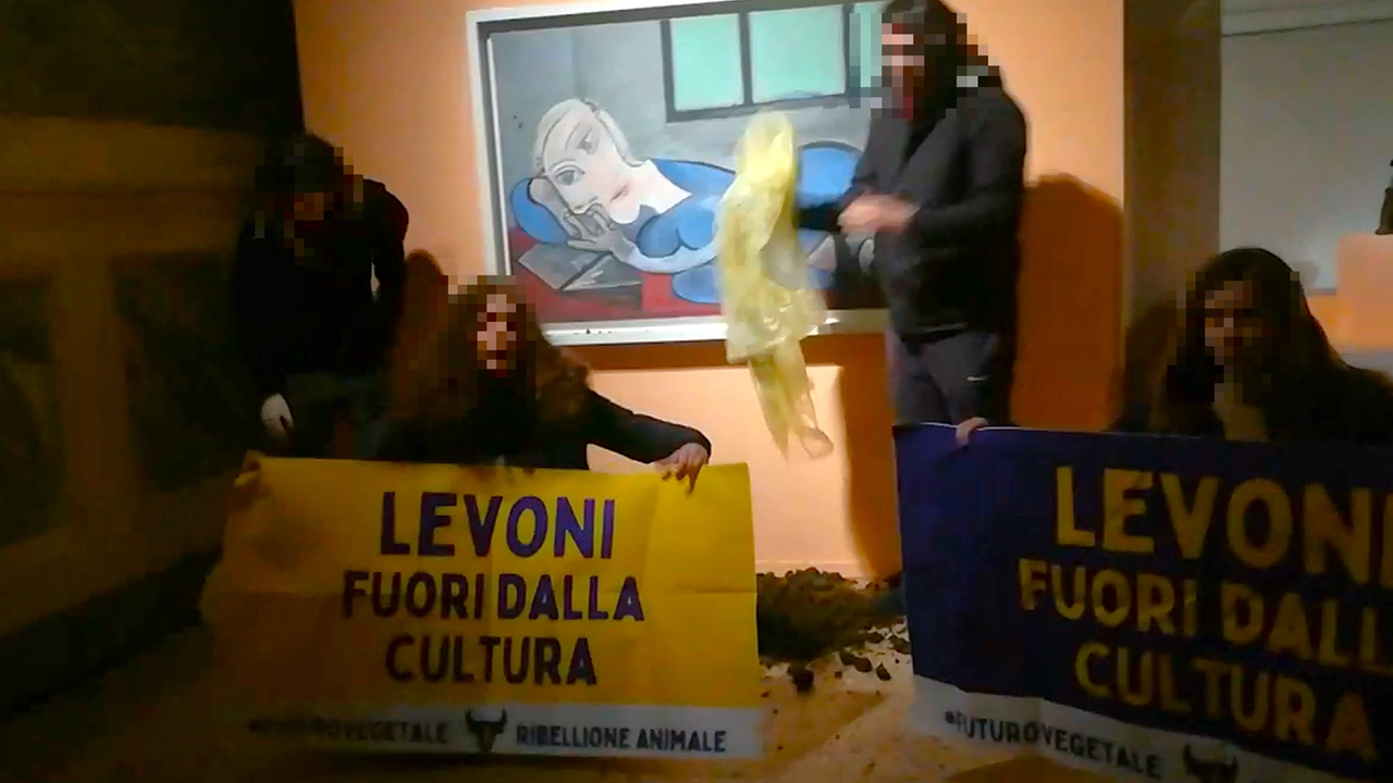 Un momento della protesta alla mostra di Picasso a Palazzo Te a Mantova (in una foto di Ribellione Animale)