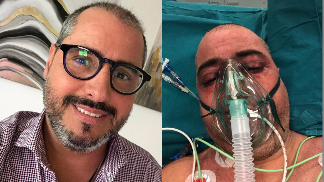 Fabio Ferrara oggi e, a destra, il 5 gennaio 2022 intubato nel reparto di Terapia intensiva dell'ospedale San Gerardo di Monza