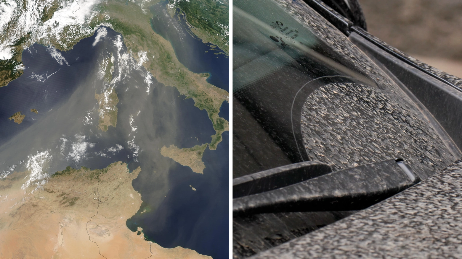 A sinistra, la sabbia del Sahara che attraversa il Mediterraneo in un foto satellitare della Nasa. A destra, il pulviscolo che si è depositato sopra le auto a Milano