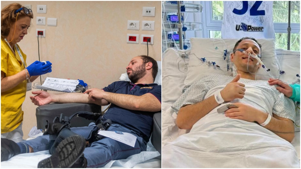 Un agente di polizia dona il sangue all'ospedale di Niguarda. A destra, Christian Di Martino dopo il risveglio in ospedale  PER APPROFONDIRE: