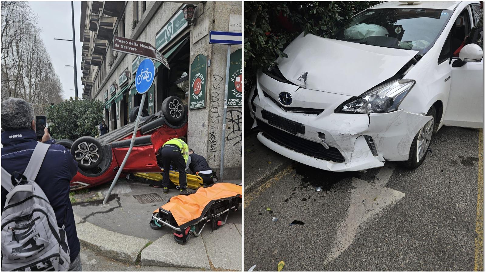 Auto si scontra con un taxi, poi decolla e finisce nella vetrina di un ristorante