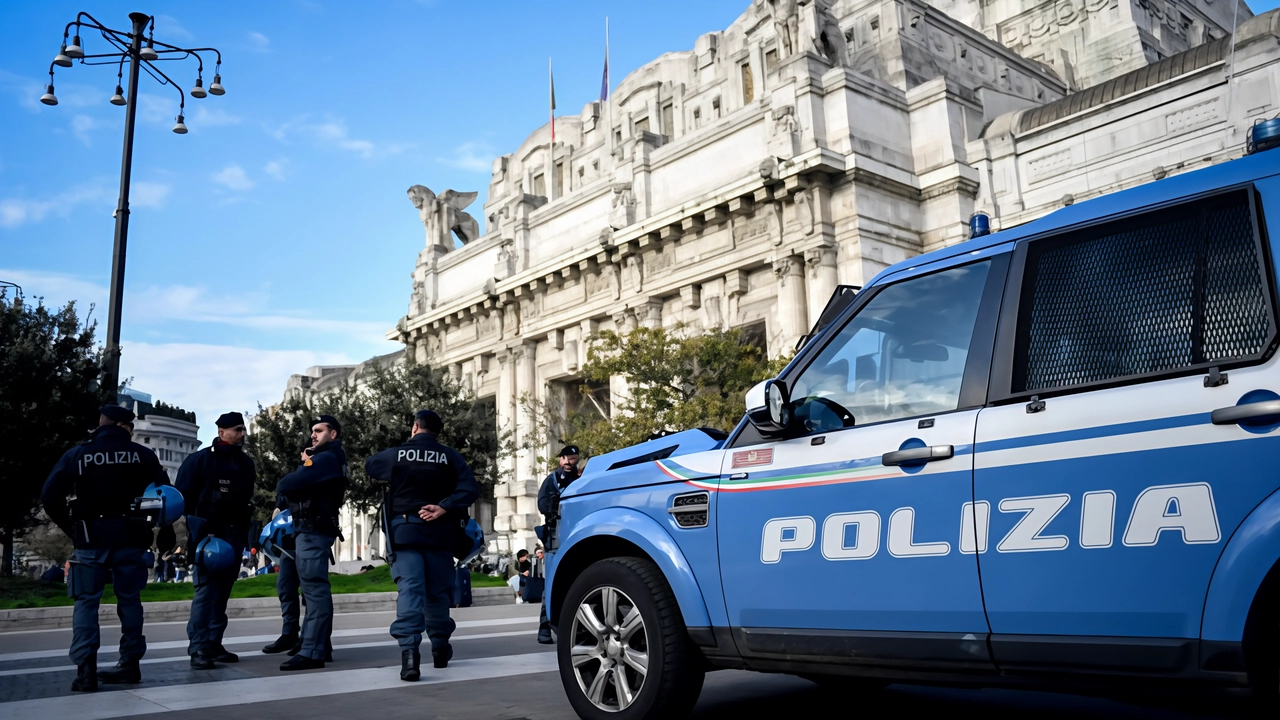 Un mezzo della Polizia locale con alcuni agenti in piazza Duca d’Aosta