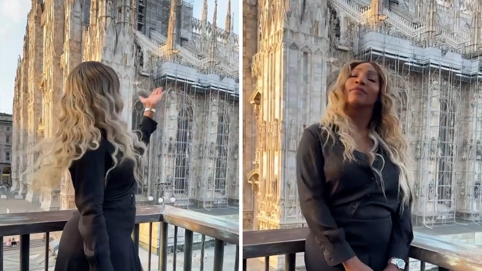 Alcuni fotogrammi del video di Serena Williams girato sulla terrazza del Museo del Novecento, di fronte al Duomo