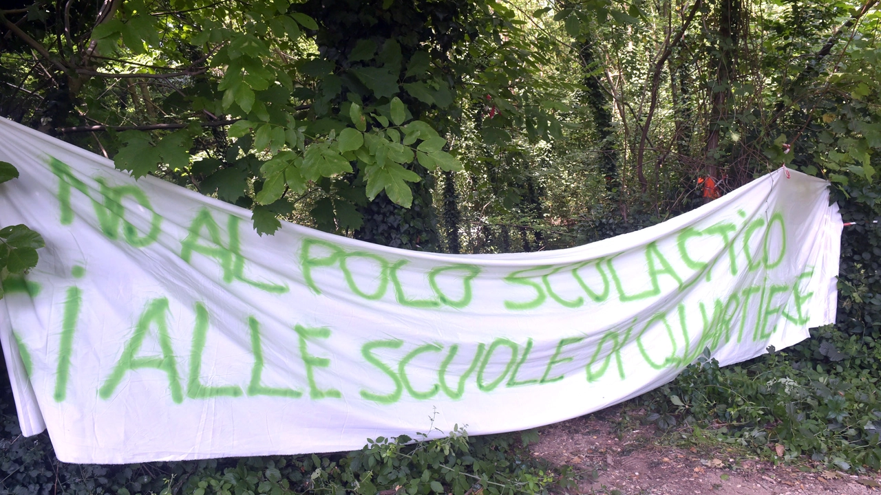 Lo striscione del Comitato Salviamo gli alberi, che continua a chiedere di rinunciare alla realizzazione di un nuovo edificio in via Curtatone e di destinare il finanziamento ricevuto a risistemare le sedi già esistenti