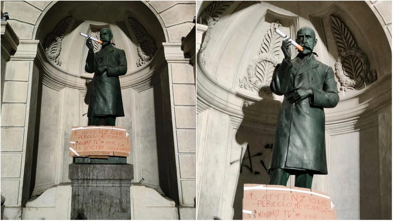 La statua di Giuseppe Colombo "modificata" in modo goliardico (foto Serena Furina)