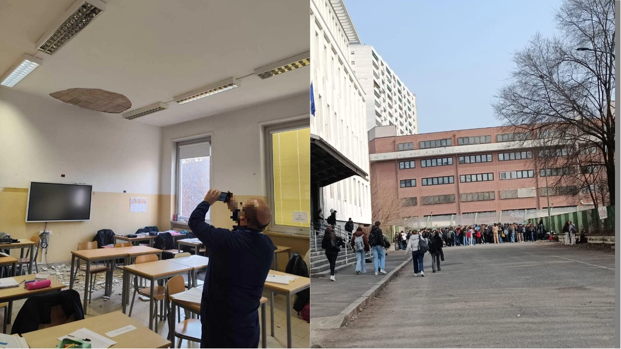 A destra l'esterno del liceo classico Cesare Beccaria di Milano in una foto di archivio, a sinistra l'aula dove è crollato un pezzo di intonaco