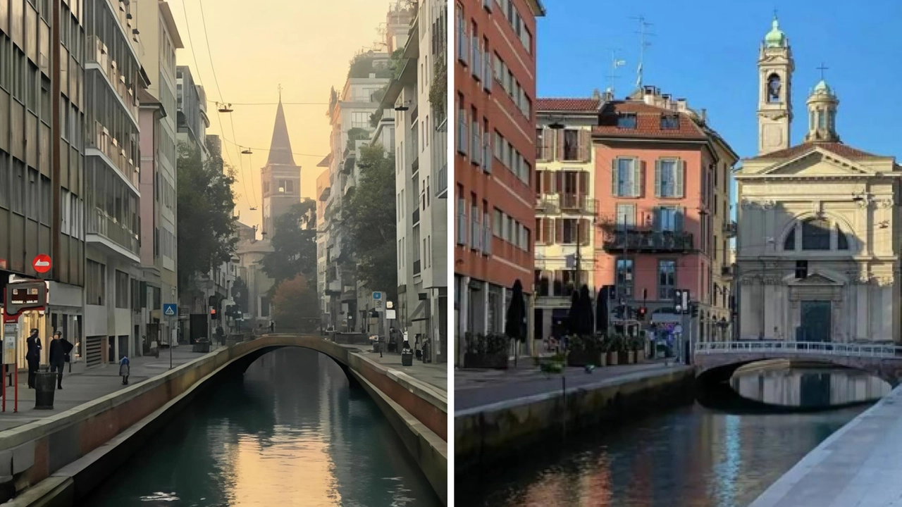 A sinistra, il naviglio su Via Fatebenefratelli. A destra, via Molino delle Armi col naviglio