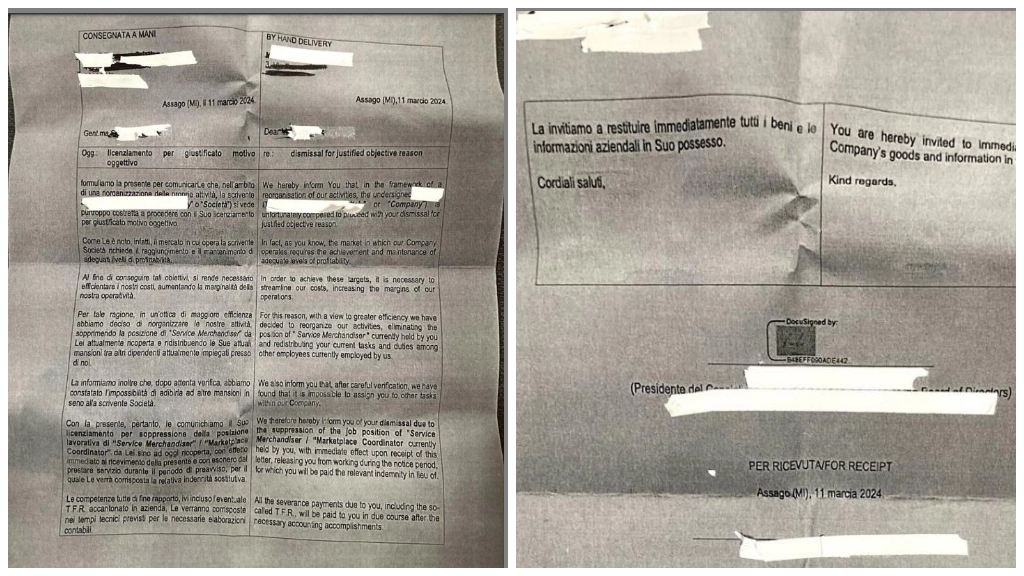La lettera di licenziamento consegnata alla manager 32enne torinese vittima di uno stupro di gruppo e licenziata dall'azienda per "scarsa profittabilità"