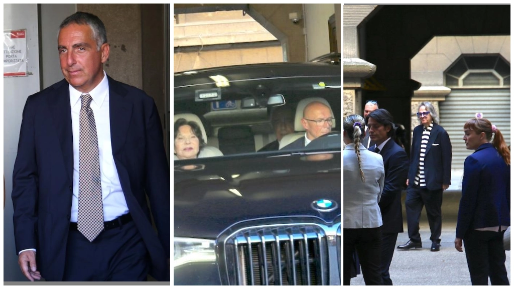 Alcuni frammenti del matrimonio di Adriano Galliani: al centro l'arrivo dello sposo in auto, a sinistra il figlio Gianluca, a destra il testimone Gigi Marzullo