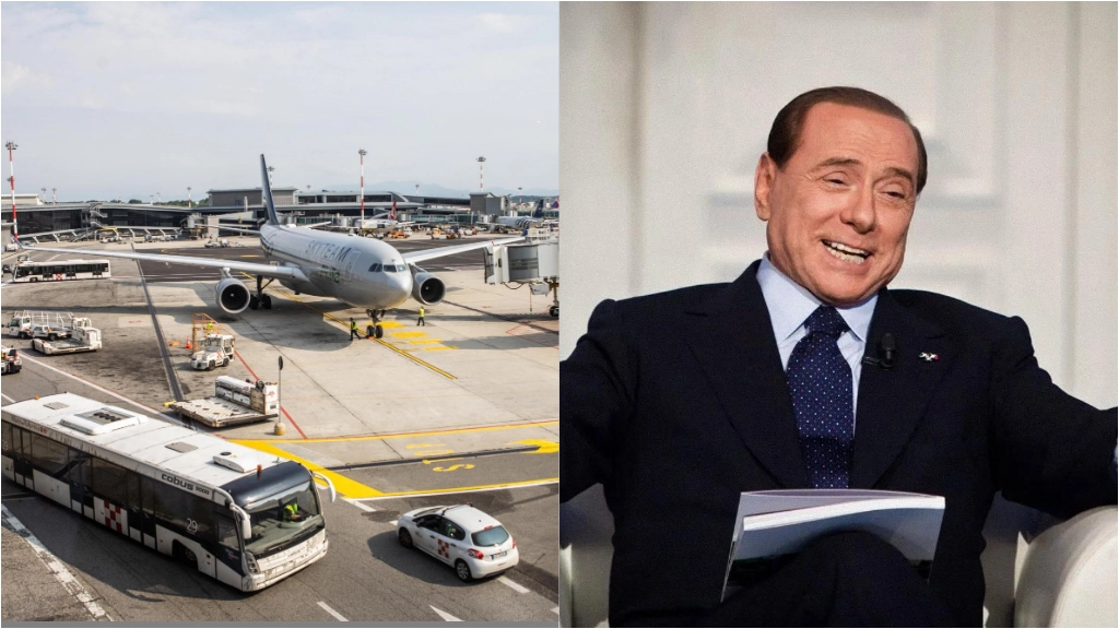 A sinistra l'aeroporto di Malpensa, a destra Silvio Berlusconi