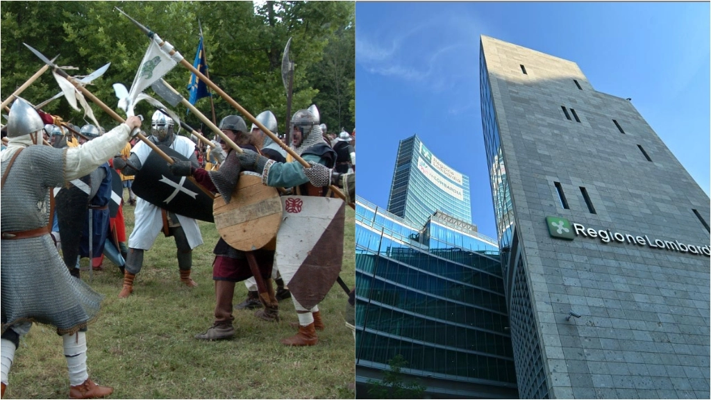 A sinistra una rievocazione della battaglia contro il Barbarossa, a destra il Palazzo della Regione Lombardia a Milano