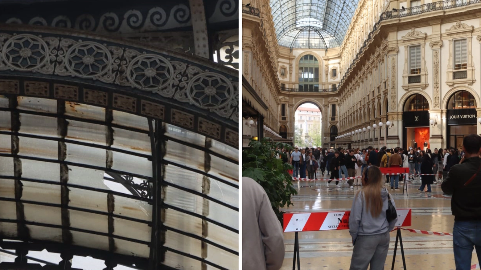 A sinistra, il vetro crollato dalla copertura della galleria Vittorio Emanuele di Milano. A destra, l'area messa in sicurezza