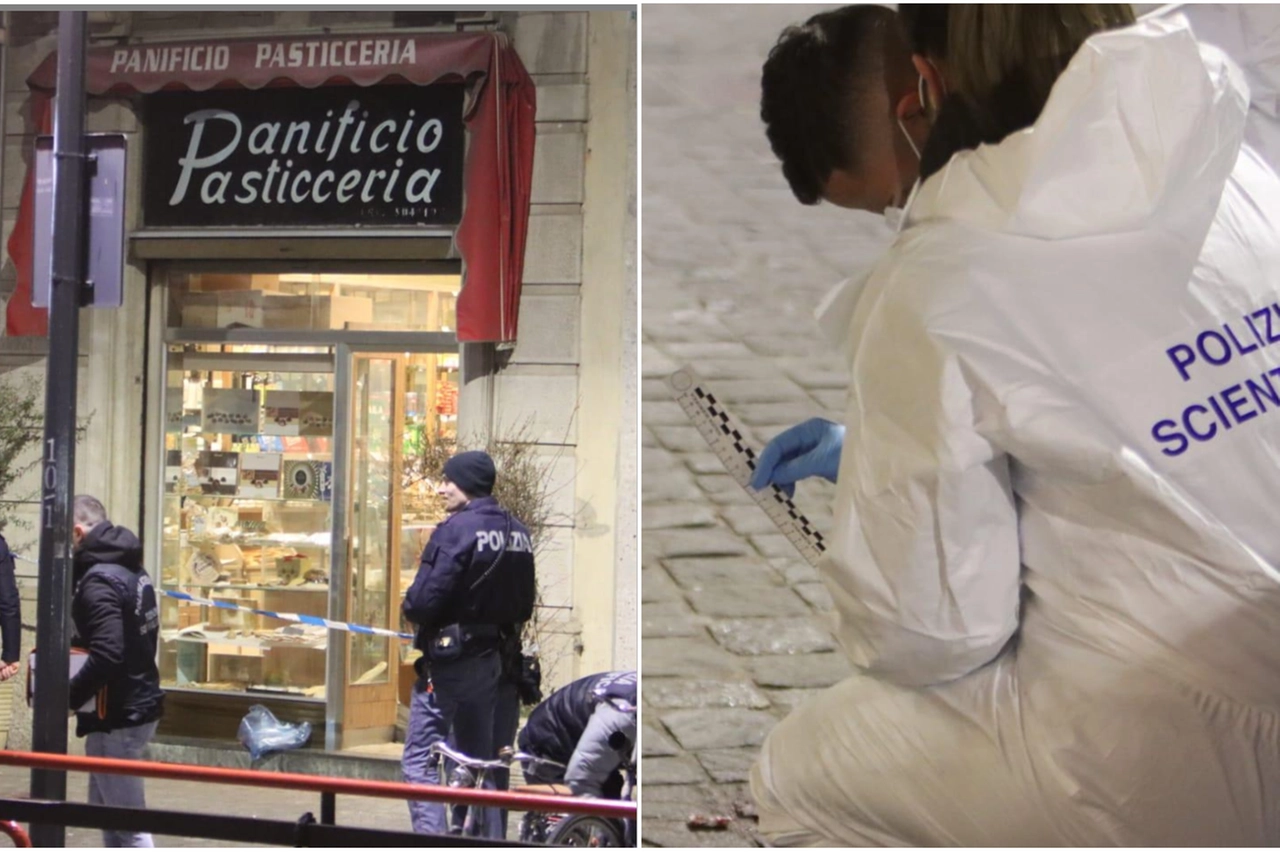 La panetteria di piazzale Gambara dove è avvenuta l'esecuzione, a destra i rilievi della Scientifica