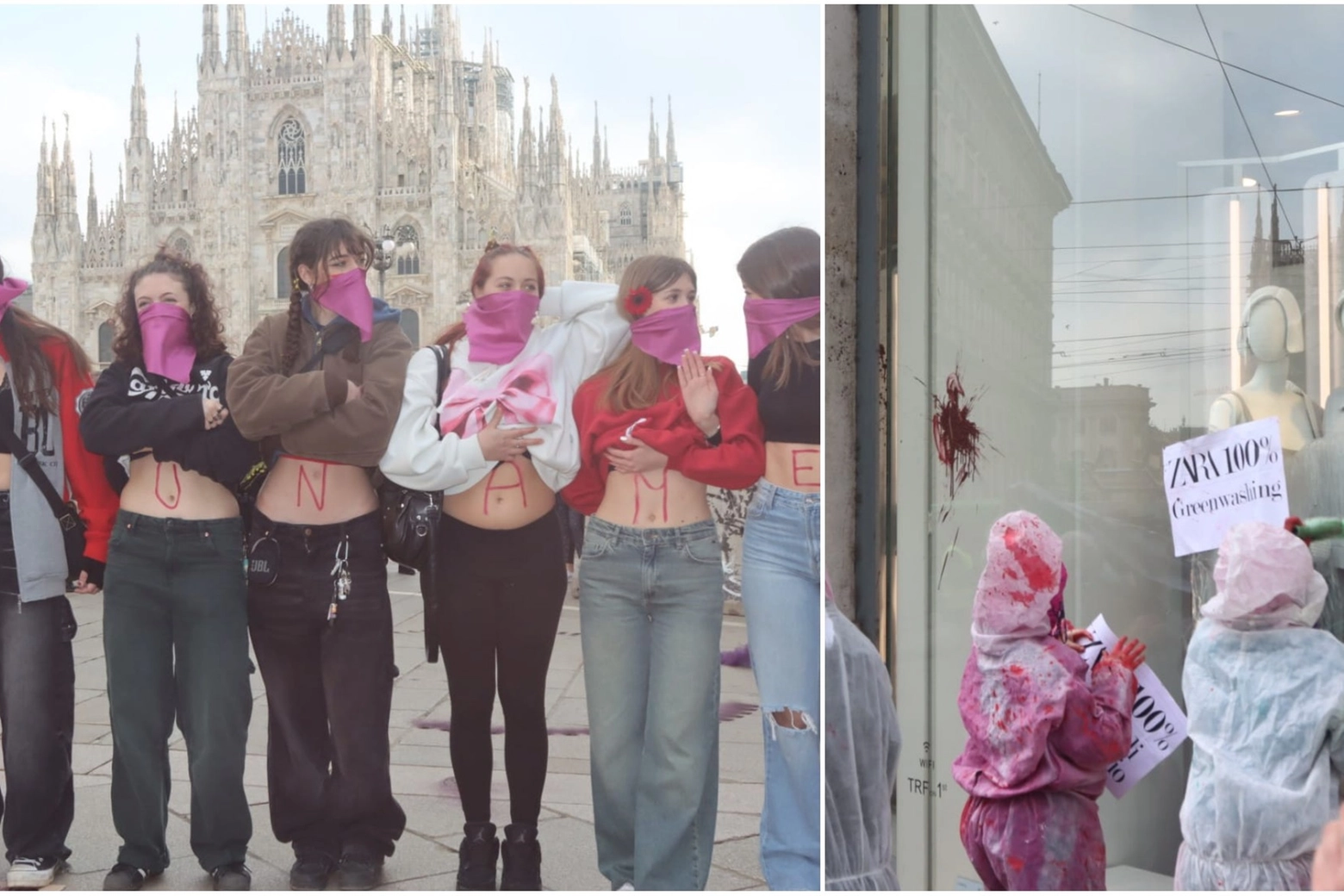 Alcune manifestanti in piazza Duomo. A destra, l'imbrattamento della vertina di Zara