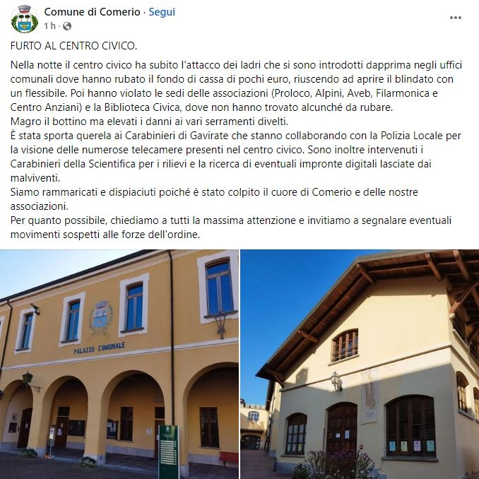 Il post su facebook del Comune di Comerio