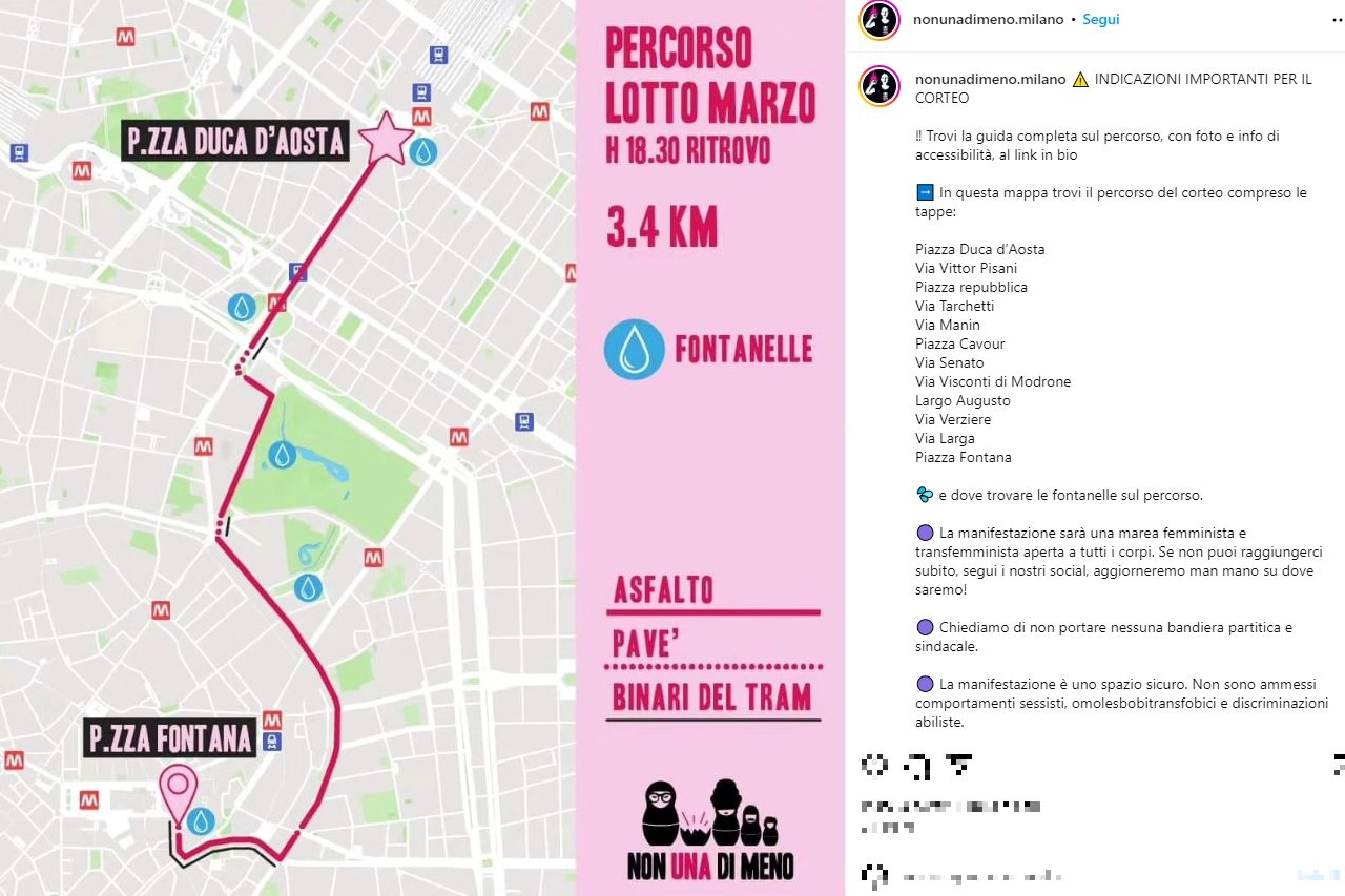 Corteo 8 marzo a Milano, alle 18.30: il percorso (Foto Instagram)