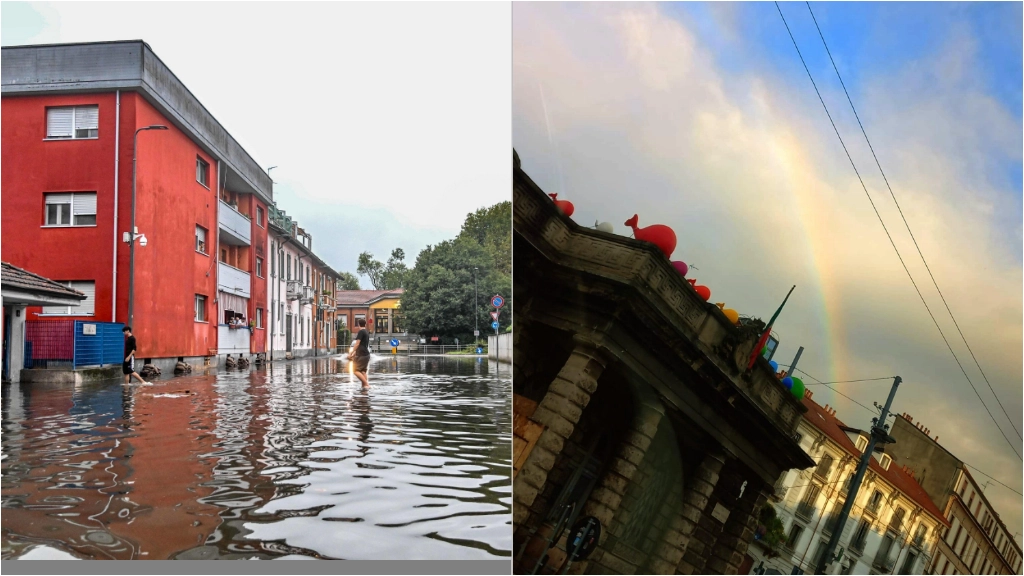 Maltempo a Milano, dalla pioggia agli allagamenti fino all'arcobaleno