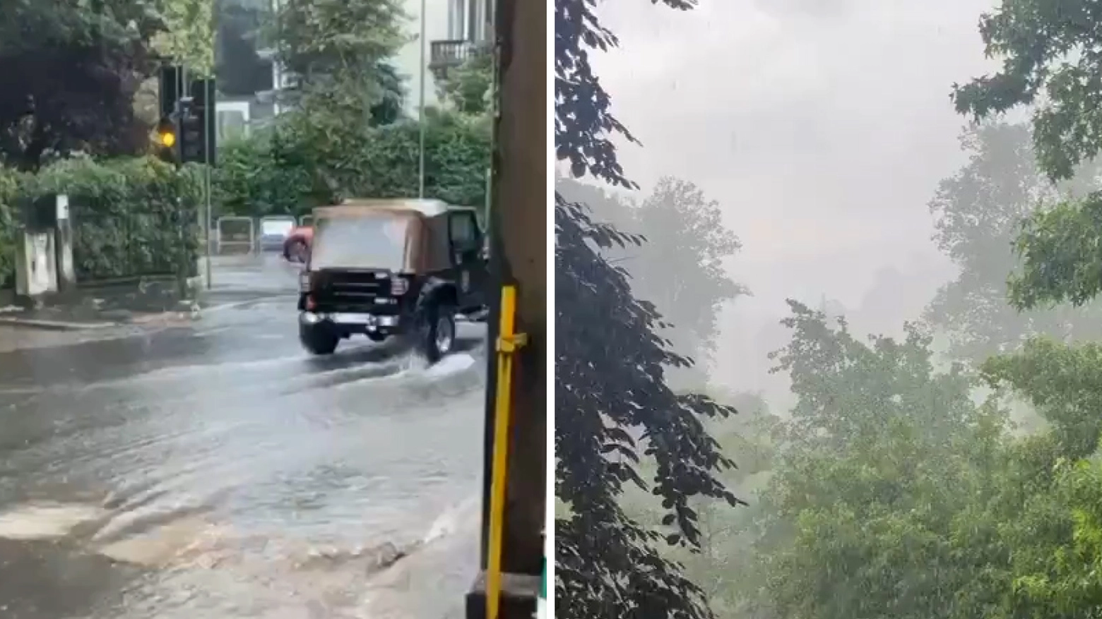 Due immagini dell'acquazzone di oggi fra Varese e Alto Milanese