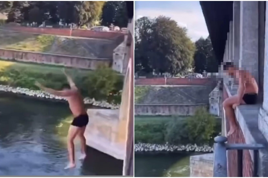 Due immagini tratte dal video del tuffo nel Ticino dal Ponte Coperto