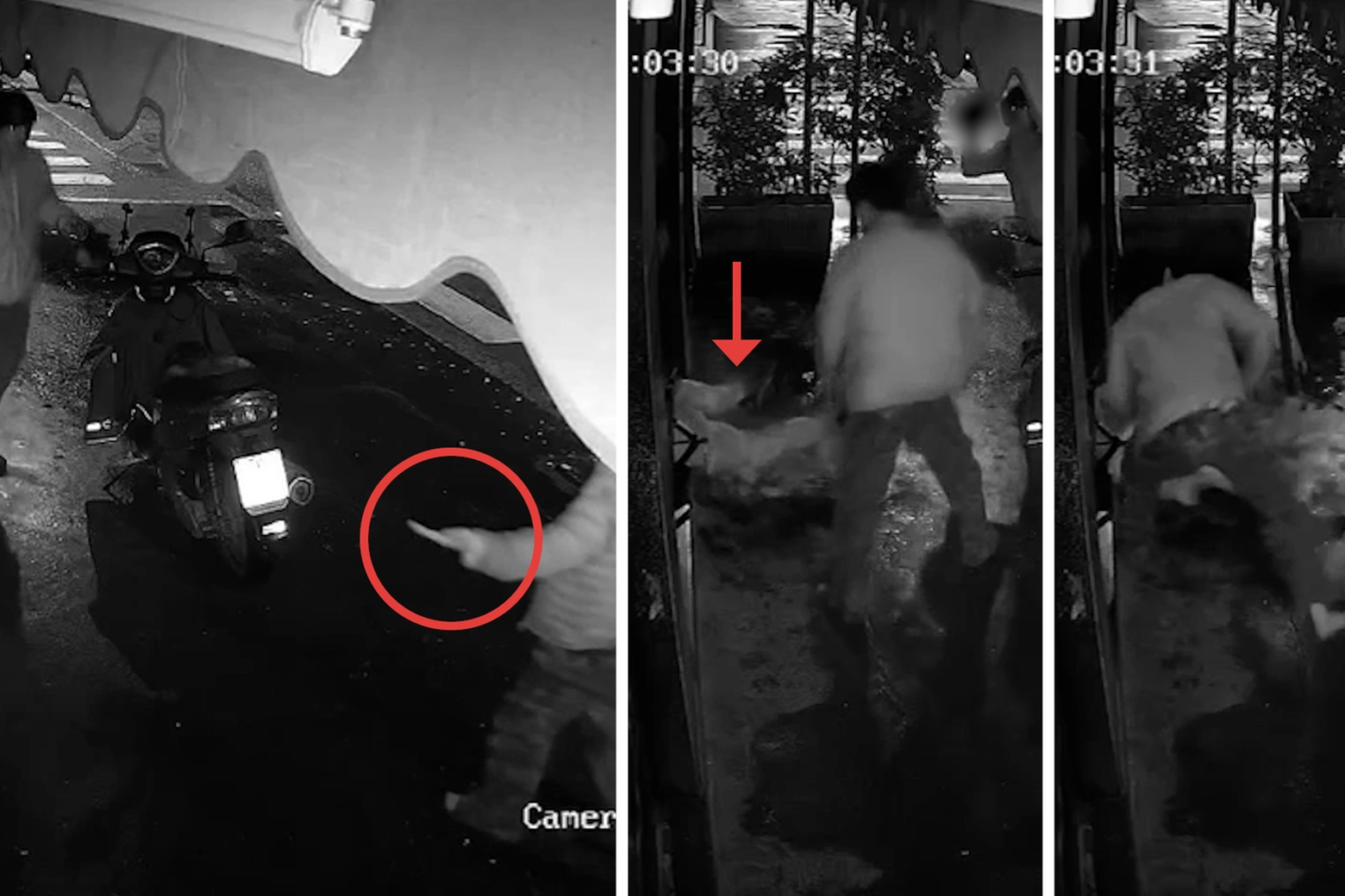 Nel primo fotogramma, l'arrivo del proprietario armato che sorprende il "palo", complice di Eros Di Ronza. Nel secondo si vedono le gambe di Di Ronza mentre cerca di uscire dal bar. Nel terzo fotogramma, i primi colpi inferti dal proprietario