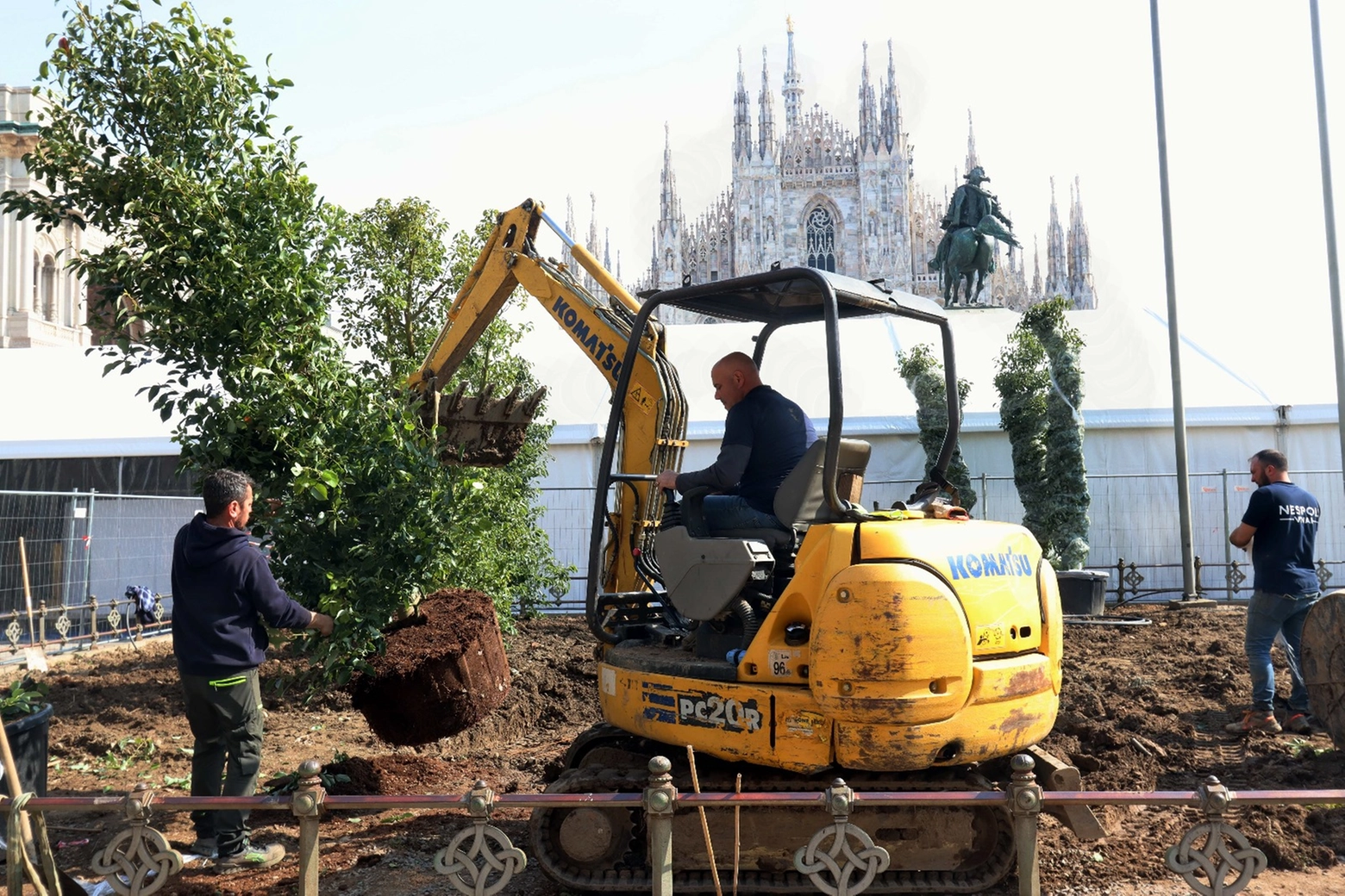 Le ruspe al lavoro con le nuove piante davanti al Duomo (foto Salmoirago)